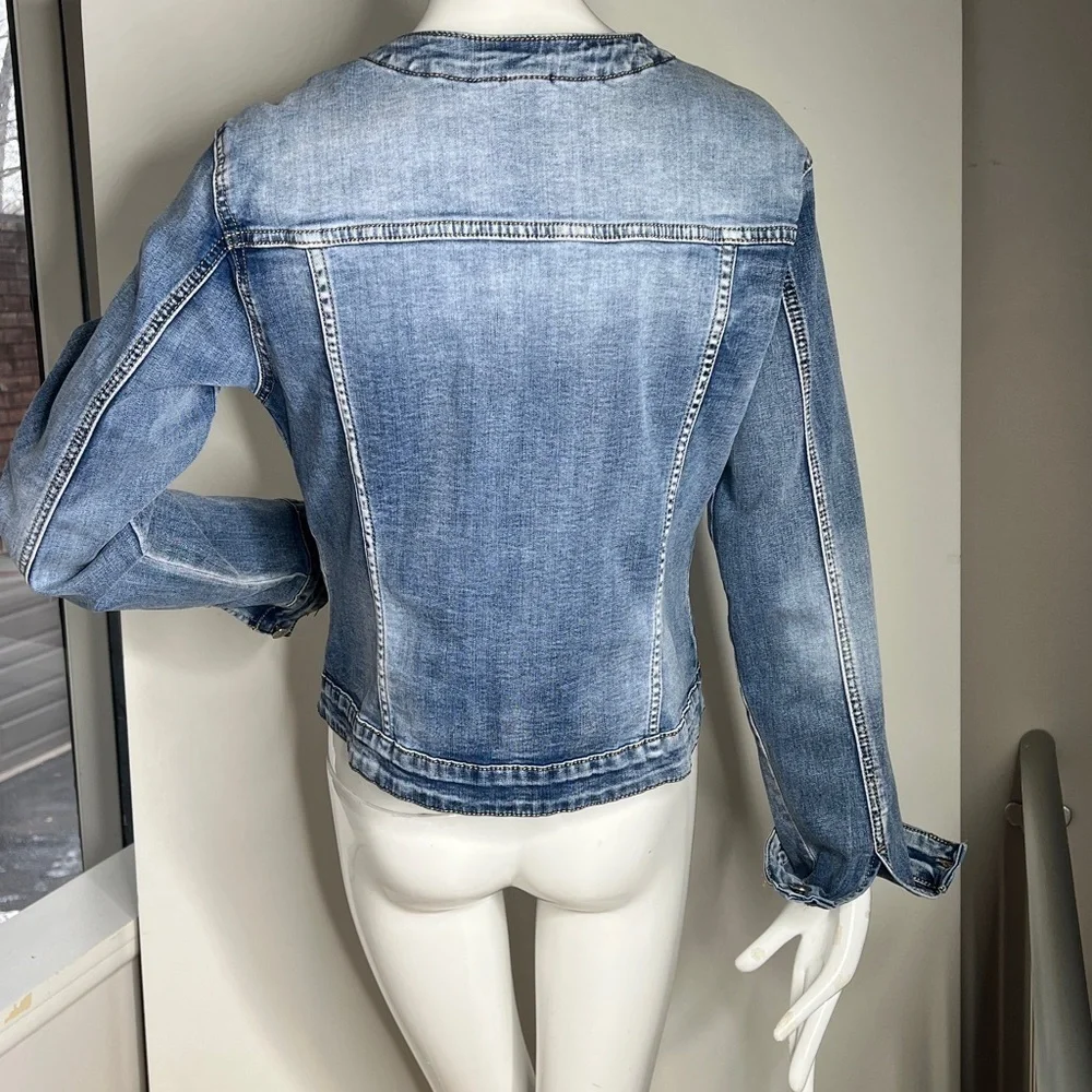 POP Seven Sz XL Zip Front Collarless Stretch Cotton Denim Jacket